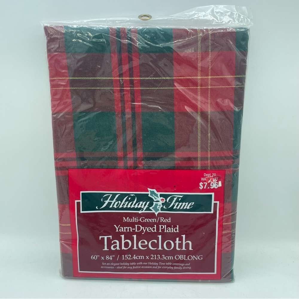 Christmas Plaid Tablecloth 60" x 84" Red Green Tartan Gold Metallic Thread NEW